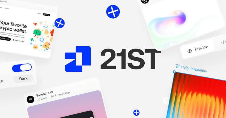 مكتبة مكوّنات 21st.dev، وفيها شعار 21ST ومجموعة من معاينات الواجهات الحقيقية